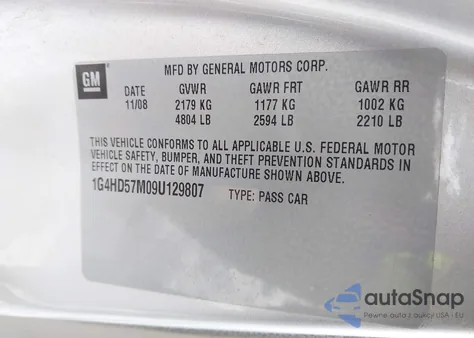 2009 Buick Lucerne Cxl Special Edition from USA, damaged, VIN 1G4HD57M09U129807